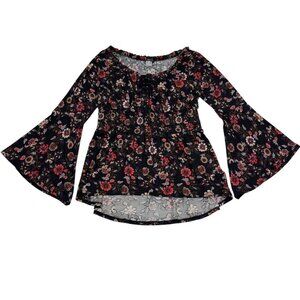 Venus Boho Floral Bell Sleeve Tie Front Detail Long Line Top Women's Size M